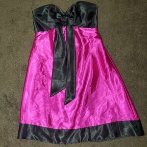 Pink and Black Strapless Bubble Dress with Tie Front